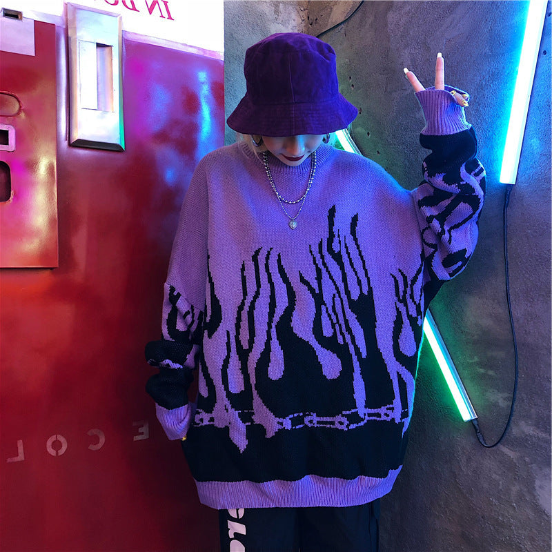 Flame Hip Hop Loose Print Sweater