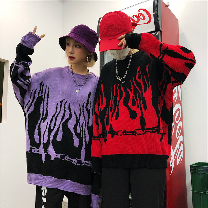 Flame Hip Hop Loose Print Sweater