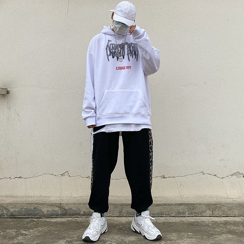 Dark Loose Letter Print Plus Fleece Hoodie