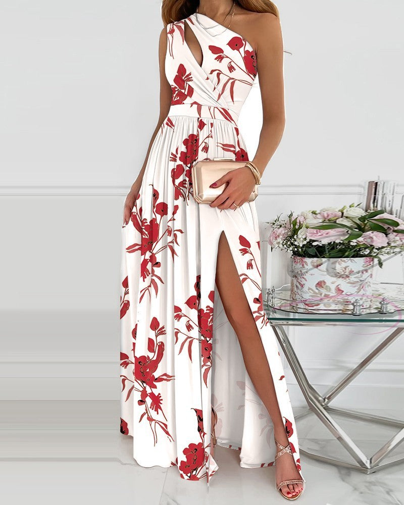 Rose Print Split Dress Summer Fashion One-shoulder Long Dress Womens Clothing