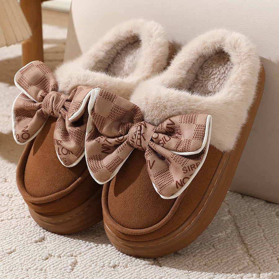 Cute Bowknot Plush Slipper Winter Warm Indoor Floor Bedroom Home Slippers For Women Fashion Thick-soled Solid House Shoes