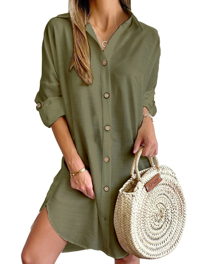 Autumn Leisure Long Sleeve Lapel Button Shirt Dress Womens Clothing