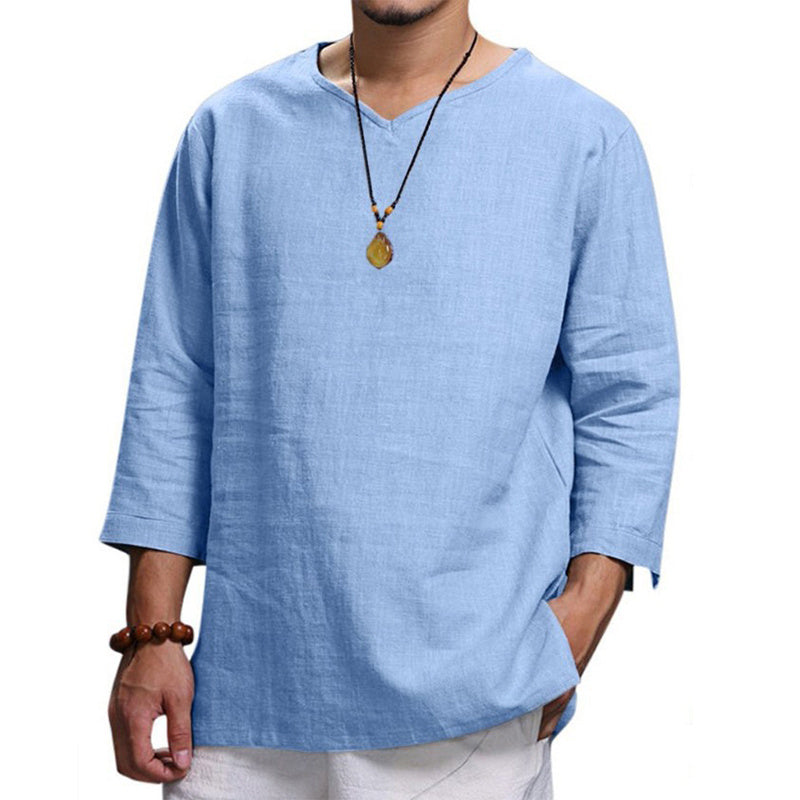 Loose Casual V-neck Top Cotton And Linen Long Sleeve Pullover Shirt Mens Clothing